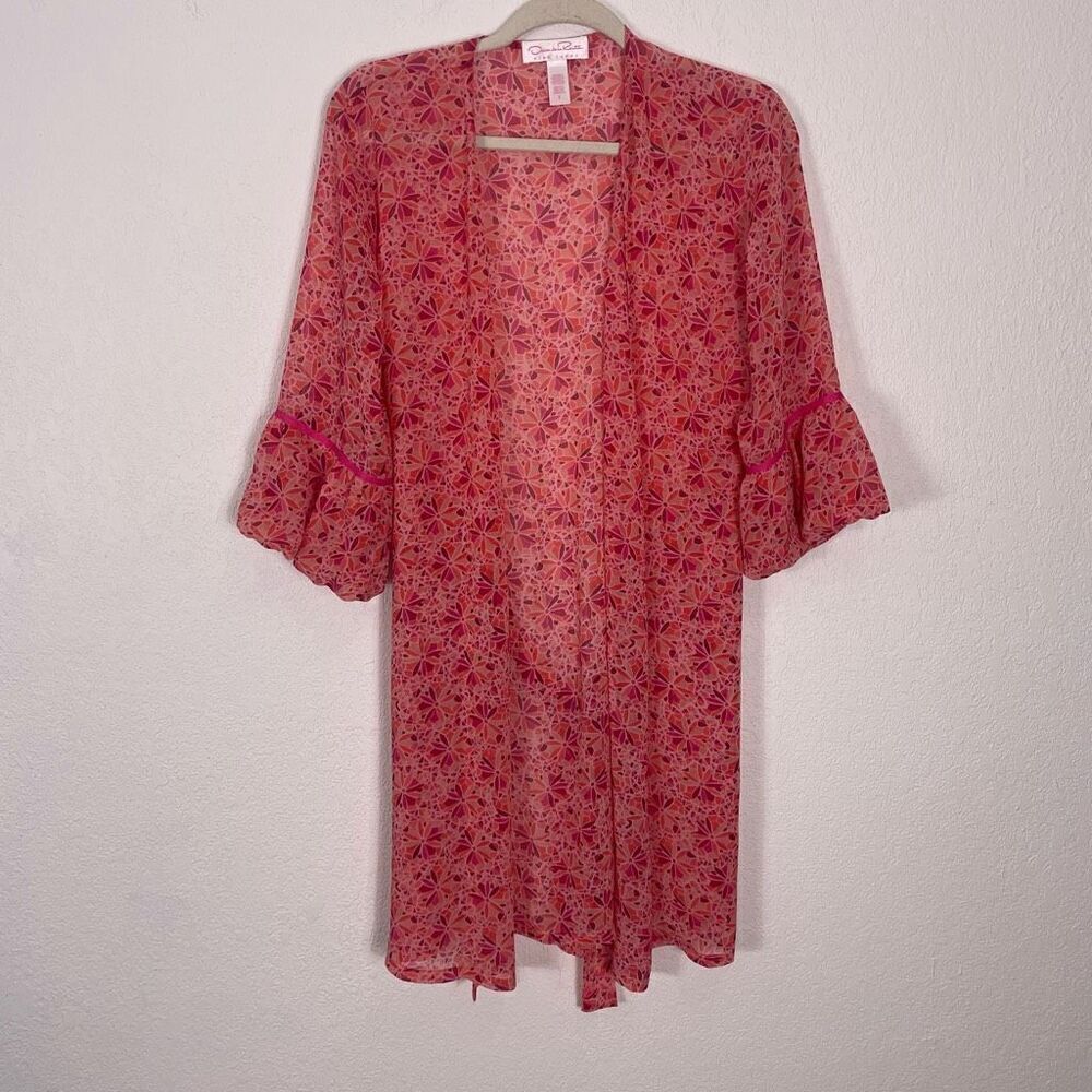 Oscar‎ De La Renta Pink & Orange Patterned Semi Sheer Kimono Open Top Size Small